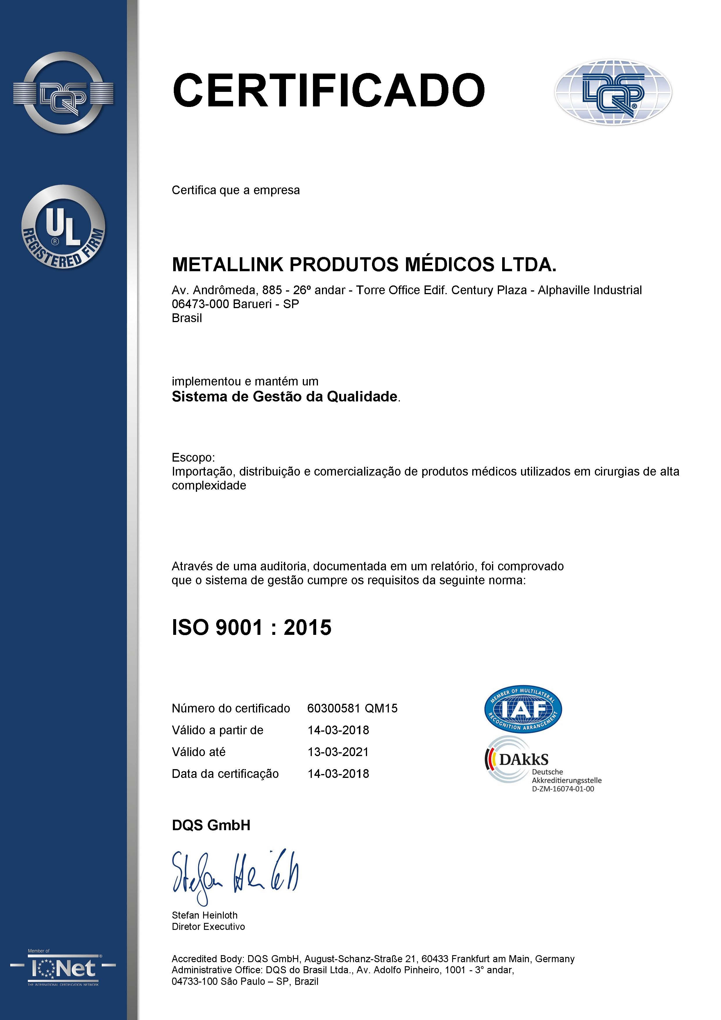No momento você está vendo Metallink recebe certificação internacional de qualidade na norma ISO 9001:2015